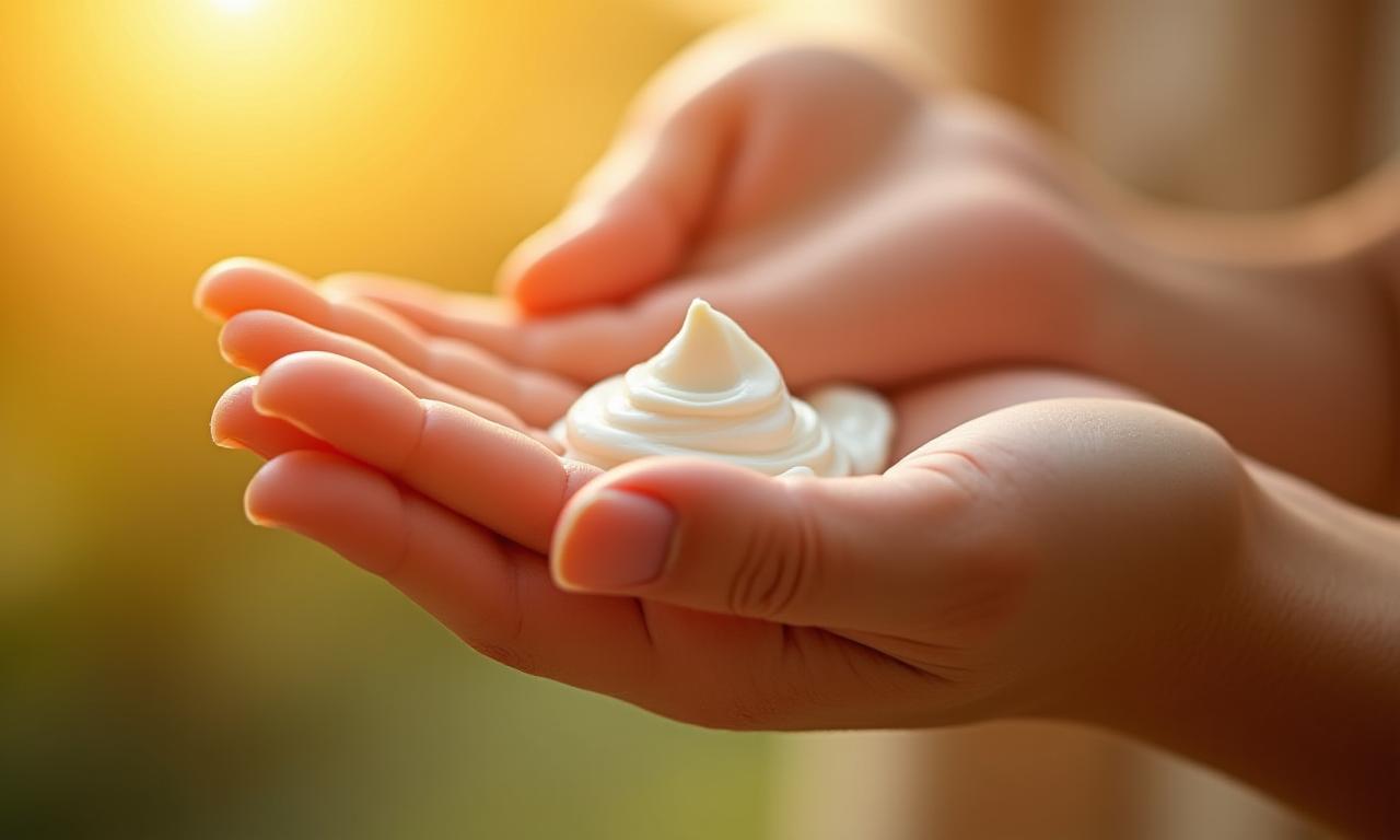 Primer plano de unas manos suaves aplicando crema, con luz solar cálida de fondo.